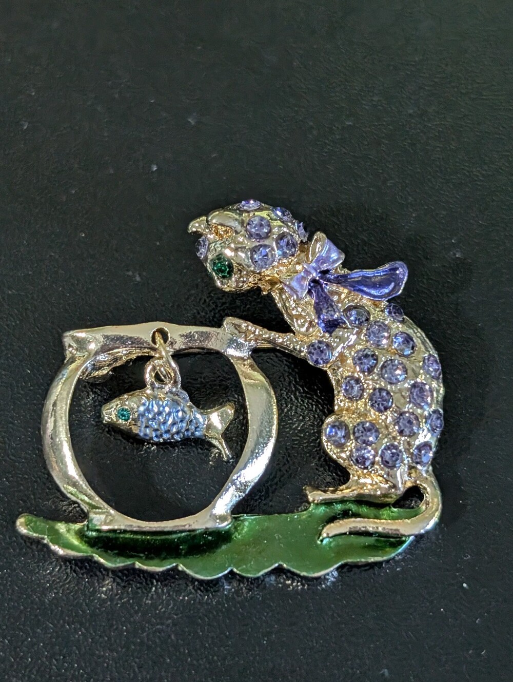 Gold-Tone Cat and Fish Rhinestone Brooch in Purple and Green
